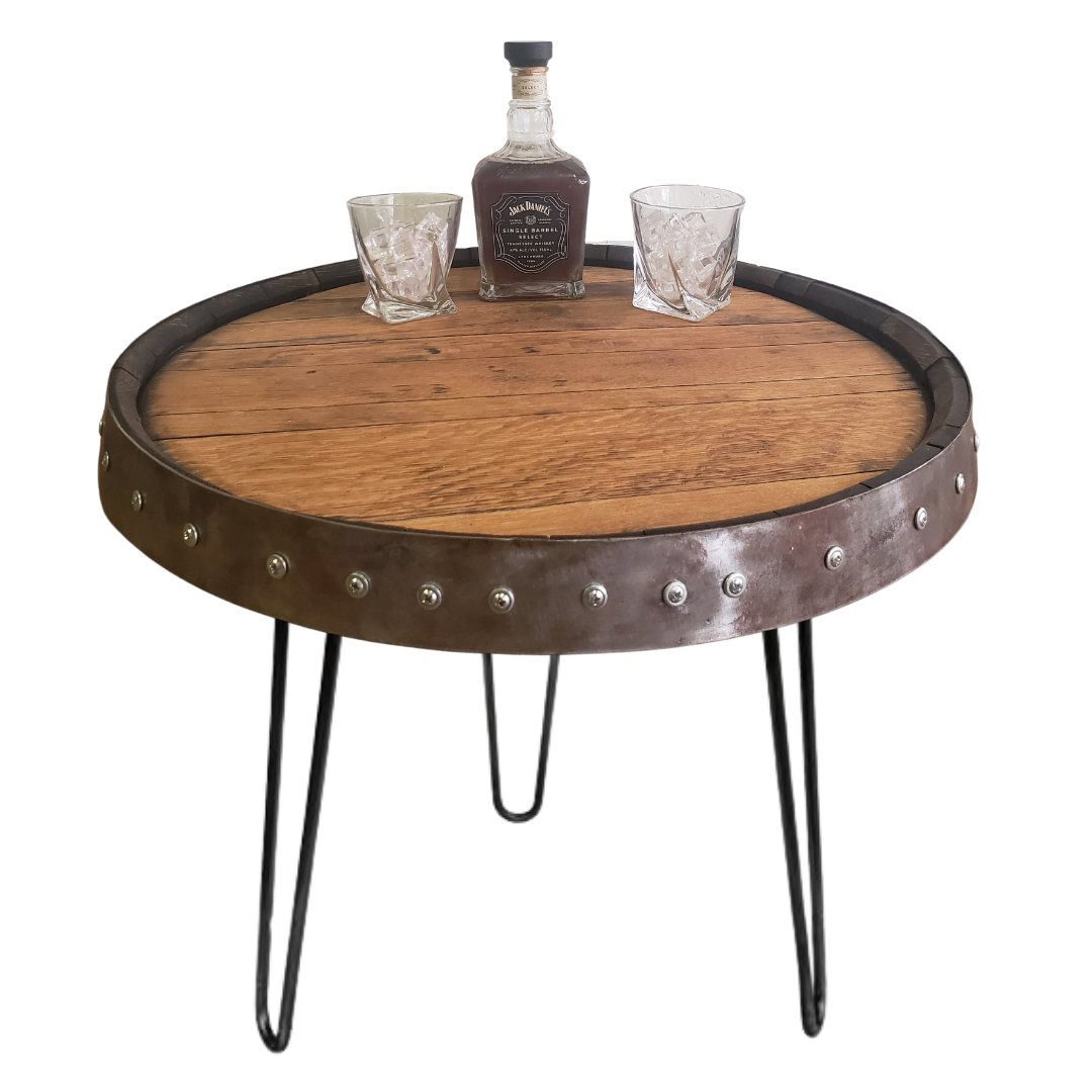 Bourbon Single Table - Bourbon Barrel Head with Metal Ring Hairpin Table - WhiskeyandWineDesign