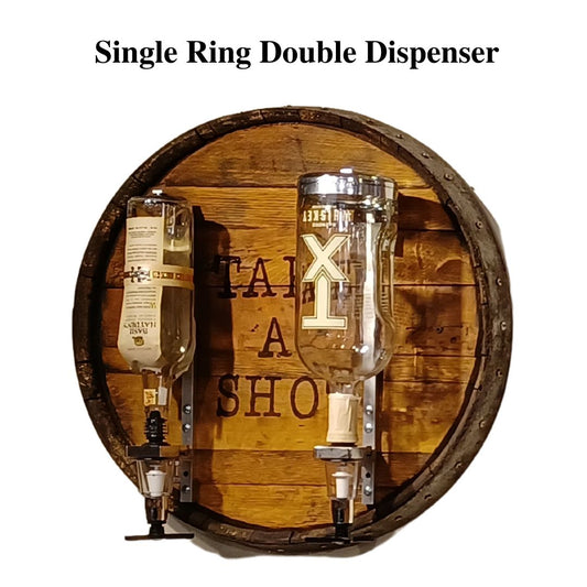 Double Liquor Dispenser Mounted on Single Ring Bourbon Barrel Head