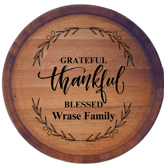 Thankful,Grateful,Blessed... Personalized Wine Barrel Head Lazy Susan or Wall Art  Double Metal Ring