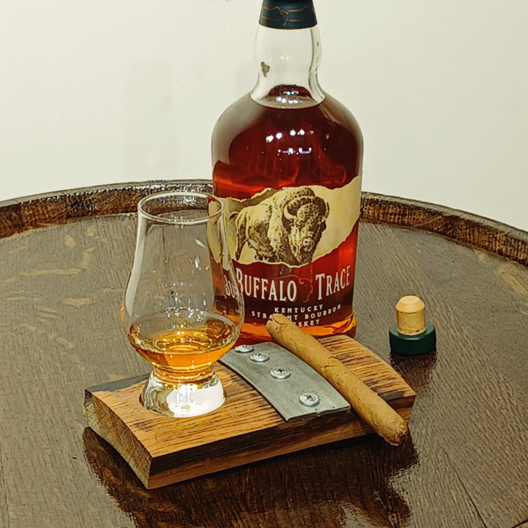 Whiskey Barrel Cigar Holder and Coaster - with Tasting Glass