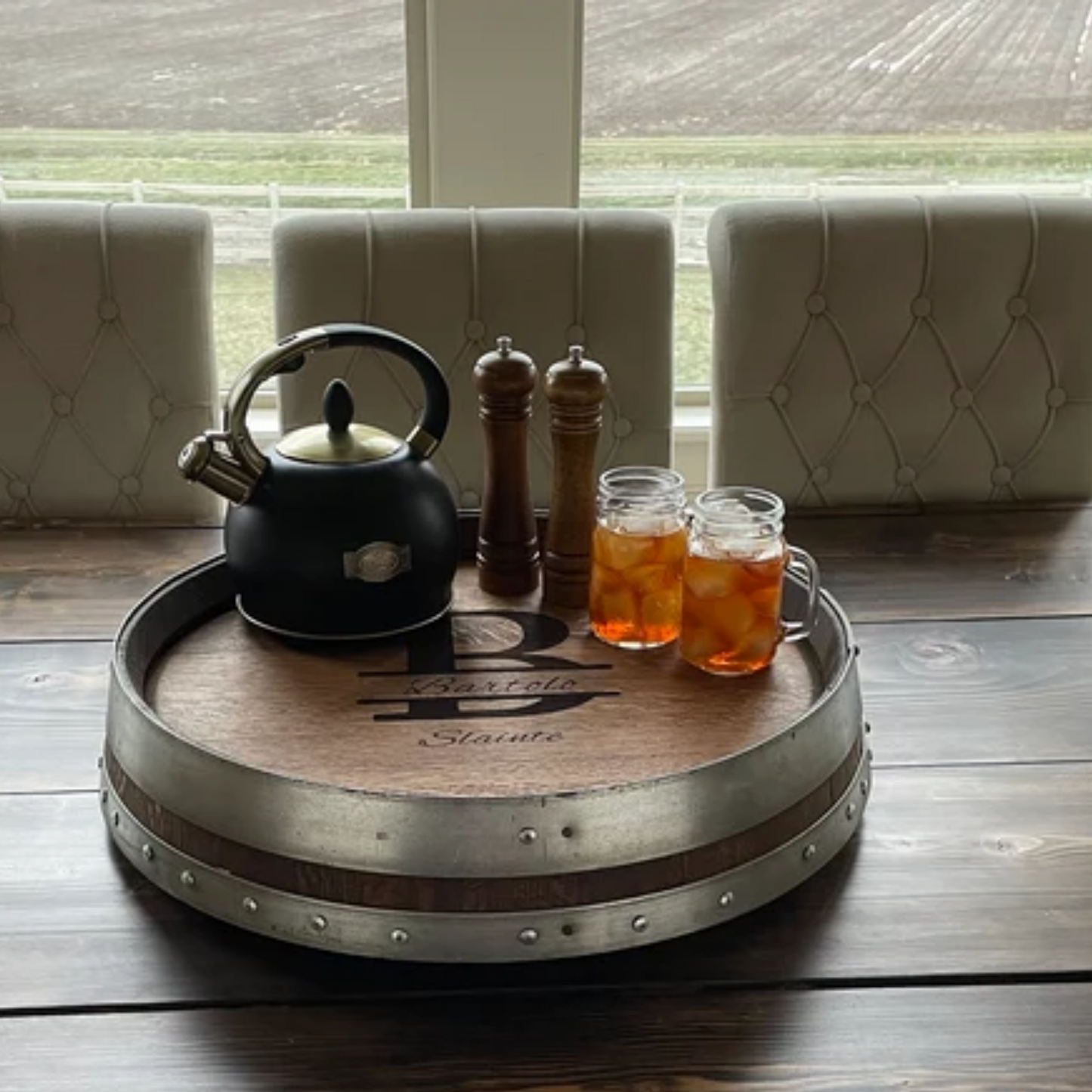 Wine Barrel Top Lazy Susan Double Metal Ring (Personalize It)