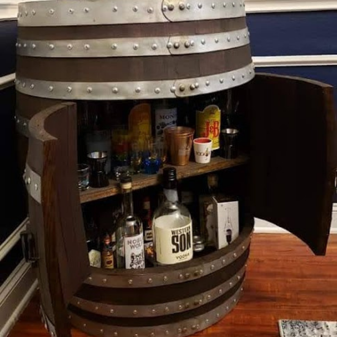 Bar Shelves/bourbon Barrel Liquor Cabinet/work From Home/bar Cart  Decor/wall Display Cabinet/rustic Wall Shelf/unique Bourbon Gifts for Men 